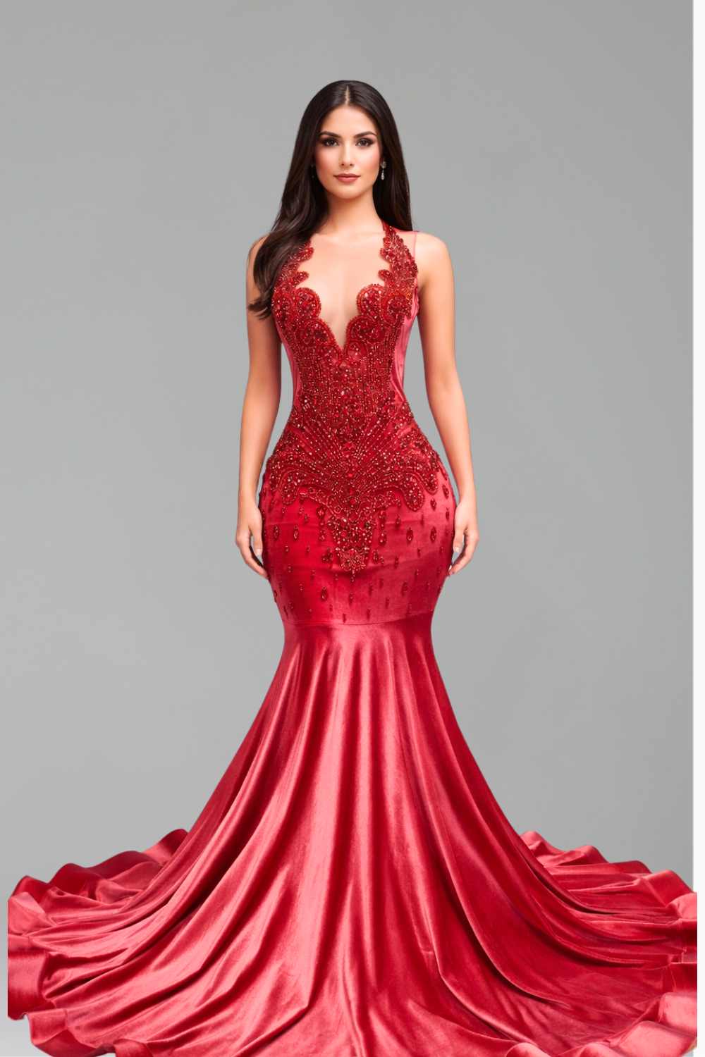 Beaded Illusion Satin Mermaid Gown - LAROSABRIDE