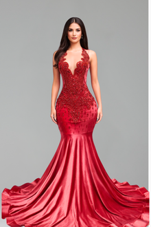 Beaded Illusion Satin Mermaid Gown - LAROSABRIDE