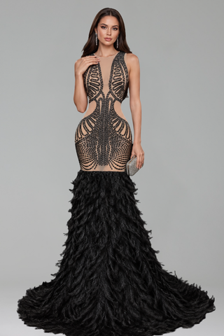 Feathered Embellished Mermaid Evening Gown