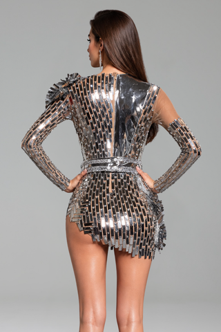 Metallic Mirror Embellished Cutout Mini Dress