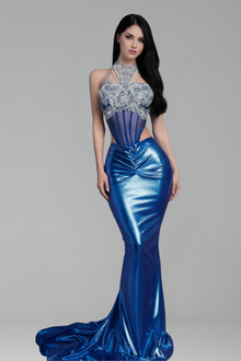 Crystal Halter Corset Metallic Mermaid Gown - LAROSABRIDE