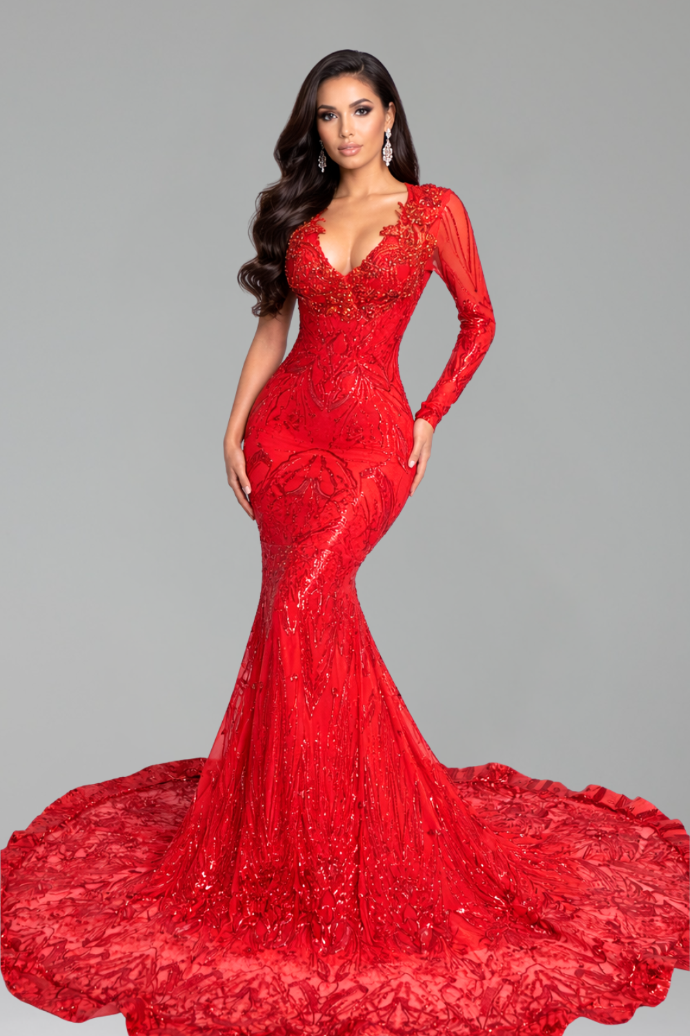 One Sleeve Embellished Mermaid Gown - LAROSABRIDE