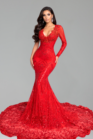 One Sleeve Embellished Mermaid Gown - LAROSABRIDE