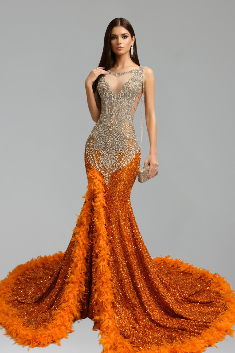 Embellished Illusion Feathered Mermaid Gown - LAROSABRIDE