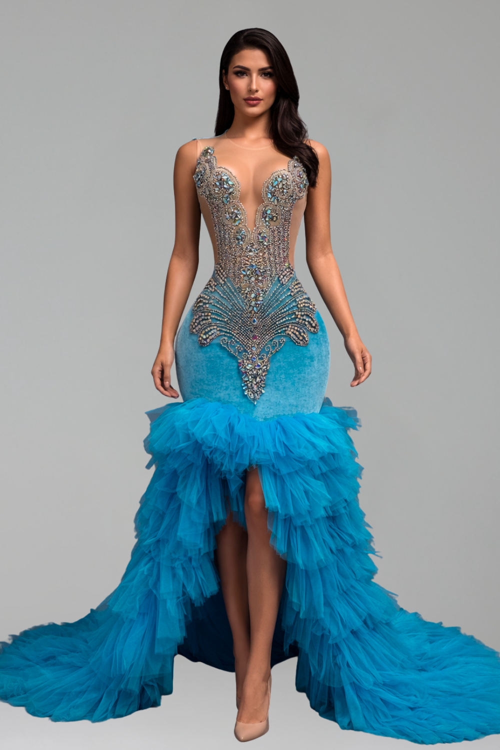 Beaded High Low Ruffle Evening Dress - LAROSABRIDE