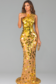 High Neck Sequin Disc Mermaid Gown - LAROSABRIDE
