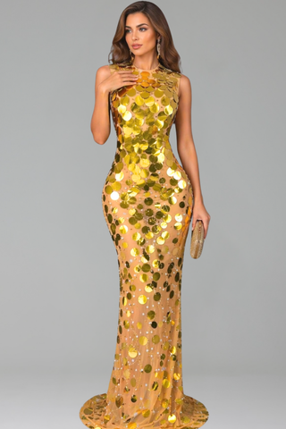 High Neck Sequin Disc Mermaid Gown - LAROSABRIDE