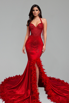 Illusion Beaded High Slit Gown - LAROSABRIDE