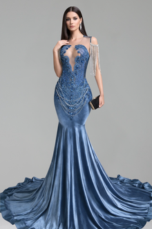 Asymmetric Beaded Fringe Mermaid Gown - LAROSABRIDE