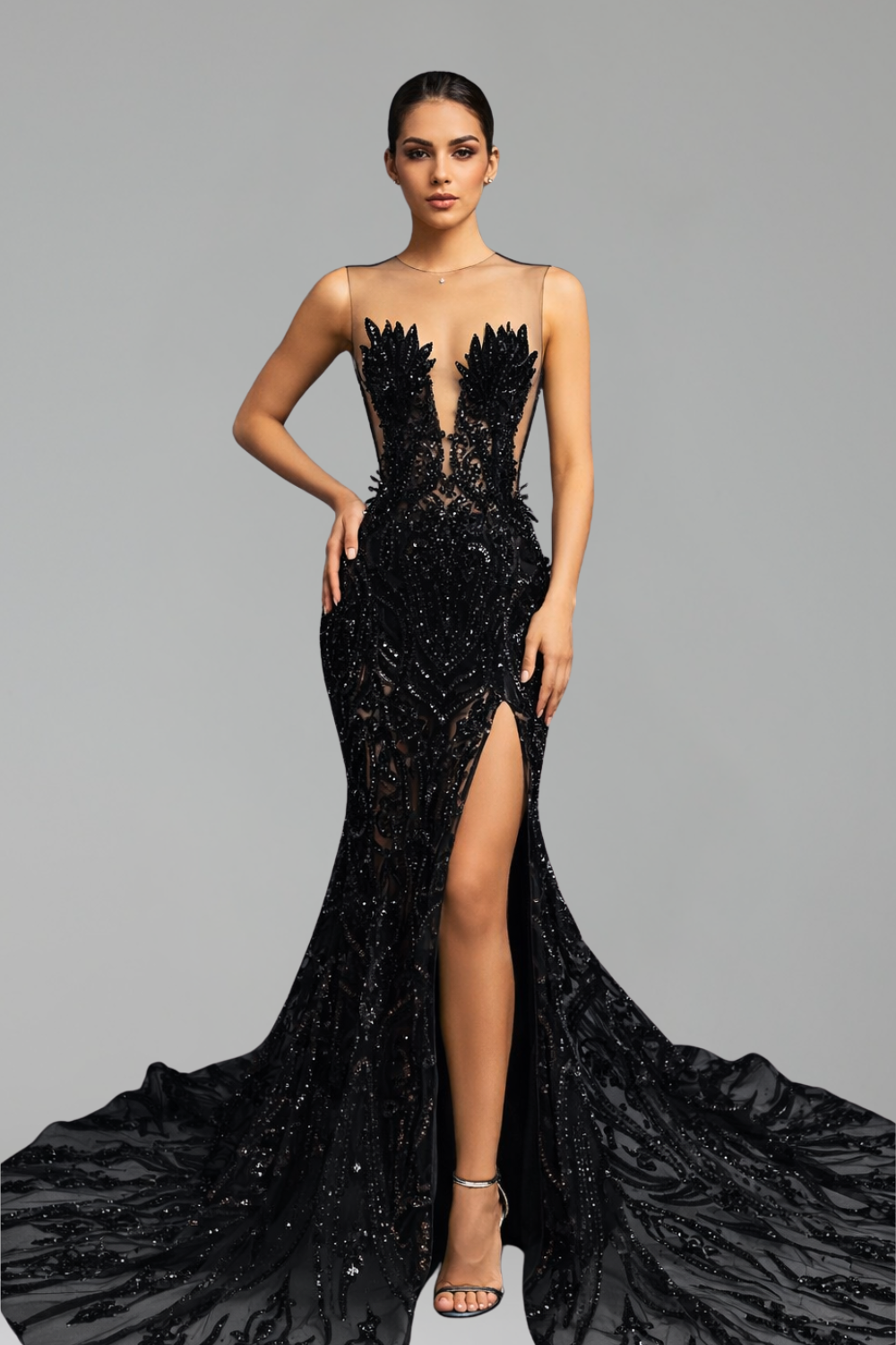 Sheer Beaded High Slit Evening Dress - LAROSABRIDE