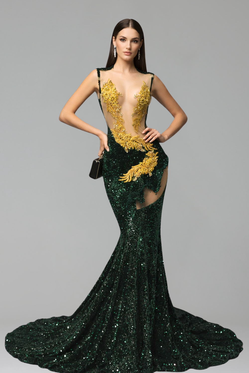 Gold Embellished Cutout Mermaid Gown - LAROSABRIDE