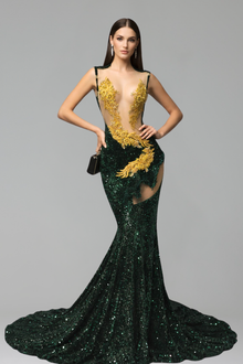Gold Embellished Cutout Mermaid Gown - LAROSABRIDE