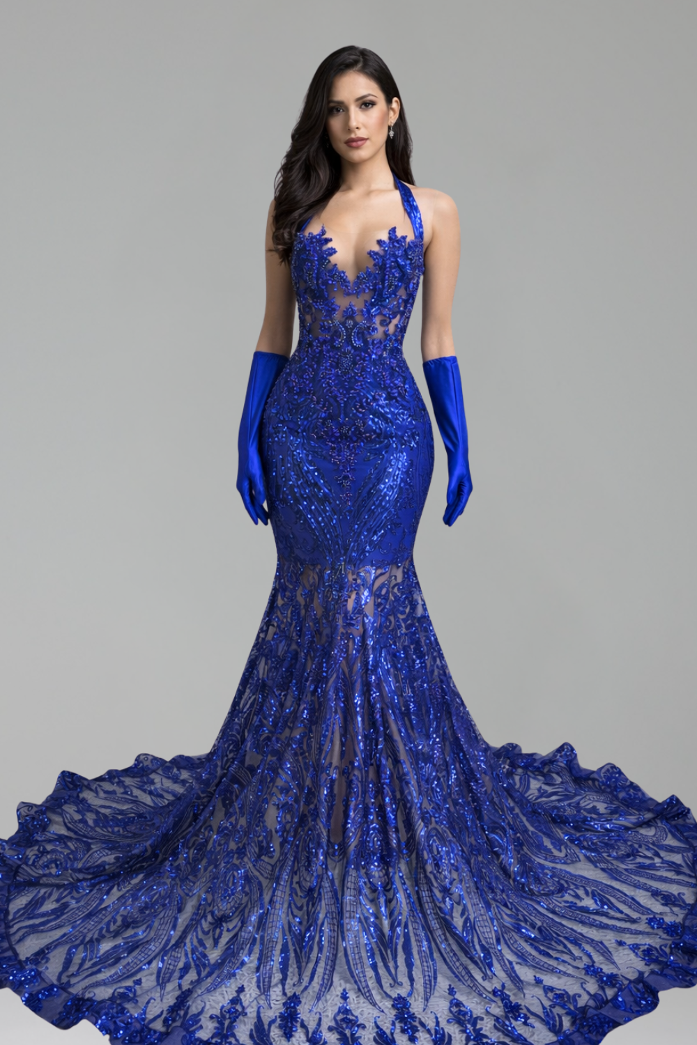 Illusion Beaded Halter Mermaid Gown - LAROSABRIDE