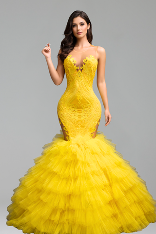 Appliqu� Mermaid Ruffle Evening Dress - LAROSABRIDE