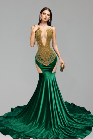 Embellished Deep V Cutout Mermaid Gown - LAROSABRIDE