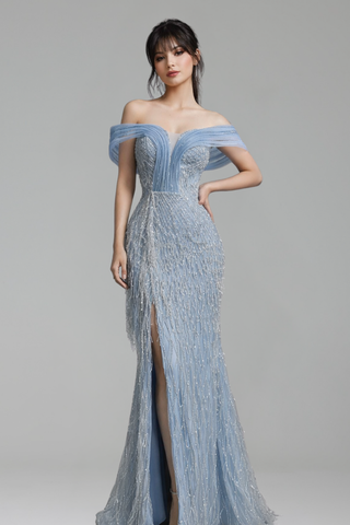 Off Shoulder Beaded Mermaid Gown - LAROSABRIDE