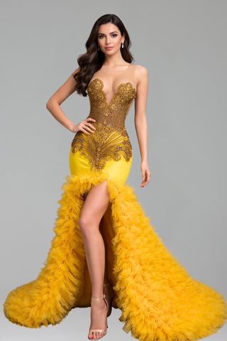 Beaded Illusion Split Evening Dress - LAROSABRIDE