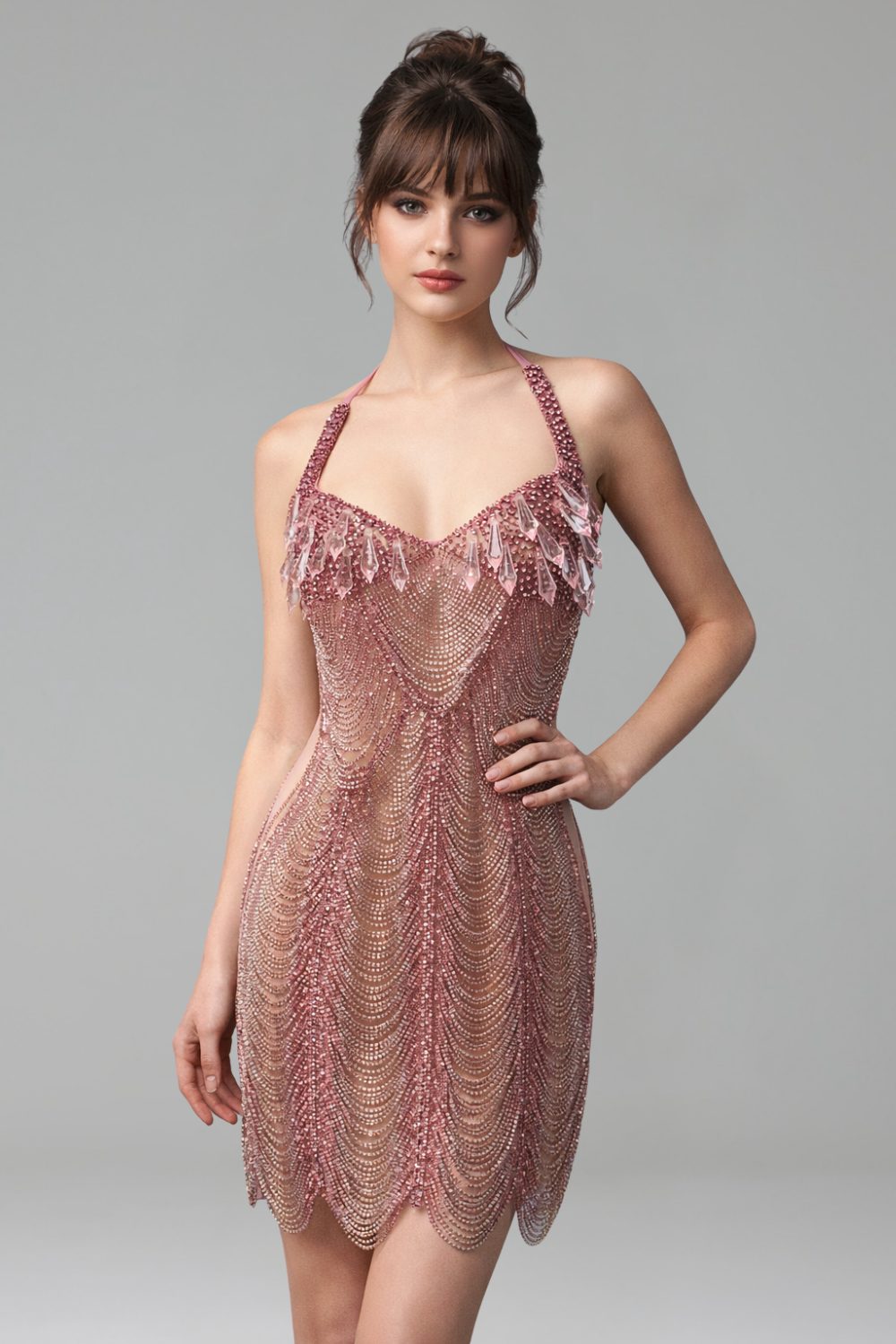 Crystal Chain Halter Mini Dress - LAROSABRIDE