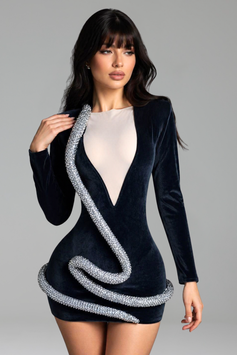 Velvet Plunge Crystal Trim Mini Dress - LAROSABRIDE