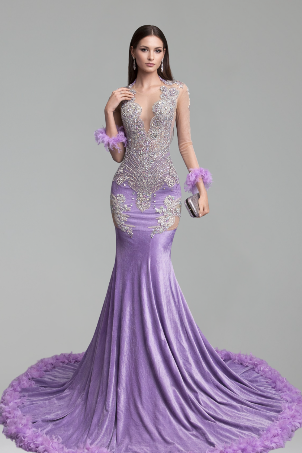 Sheer Embellished Long Sleeve Mermaid Gown - LAROSABRIDE