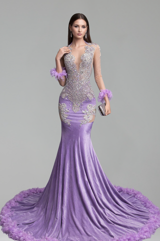 Sheer Embellished Long Sleeve Mermaid Gown - LAROSABRIDE