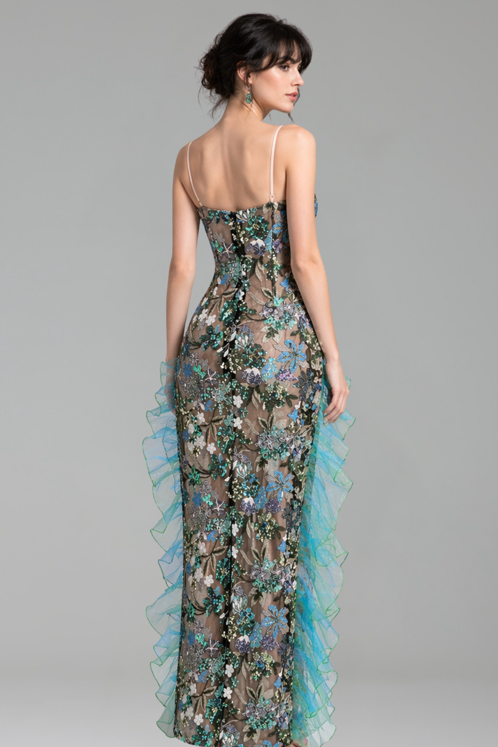 Embroidered Sheer Ruffle Detail Gown - LAROSABRIDE