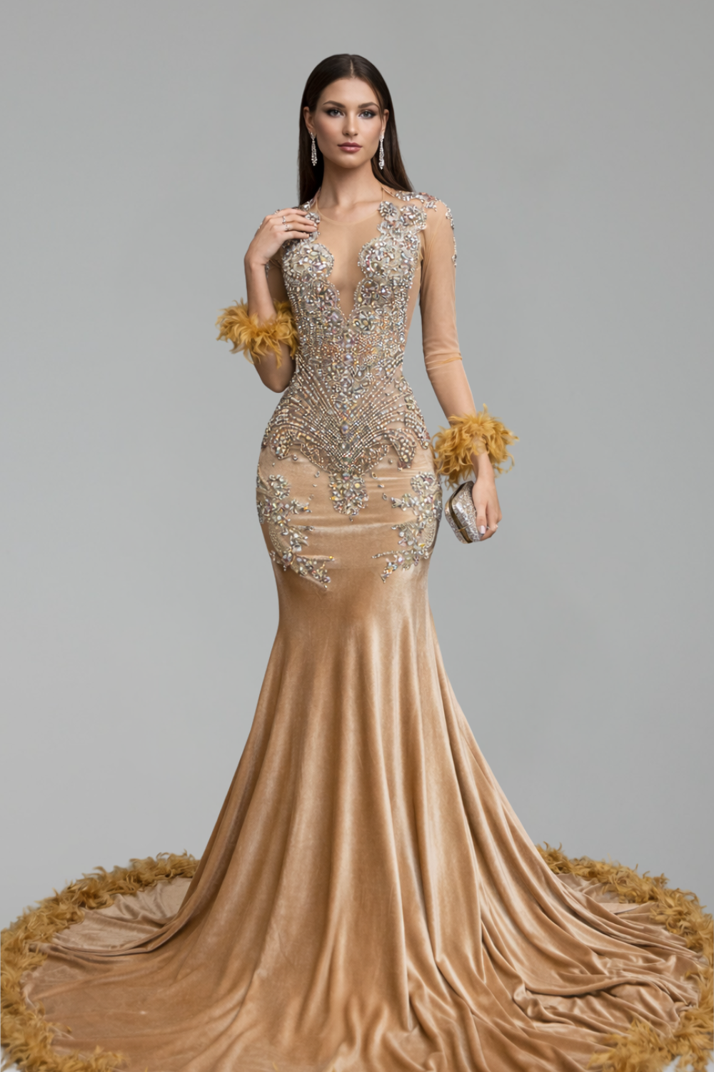 Sheer Embellished Long Sleeve Mermaid Gown - LAROSABRIDE