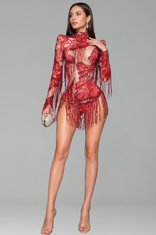Fringed Embellished Sheer Cutout Mini Dress - LAROSABRIDE