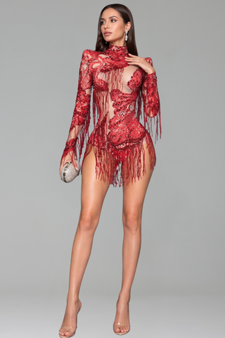 Fringed Embellished Sheer Cutout Mini Dress - LAROSABRIDE