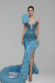 Feathered Beaded High Slit Gown - LAROSABRIDE