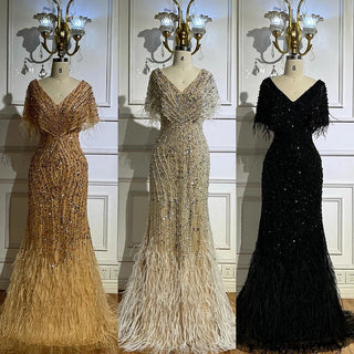 Ships in 2 to 5 Days - Elegant White Nude Beaded Mermaid Evening Gown – 2025 Saudi-Inspired Dress with Feather Details