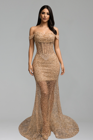 Off Shoulder Sheer Beaded Gown