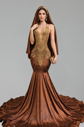 Sheer Embellished Satin Cape Gown - LAROSABRIDE
