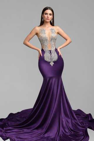 Illusion Beaded Satin Mermaid Gown