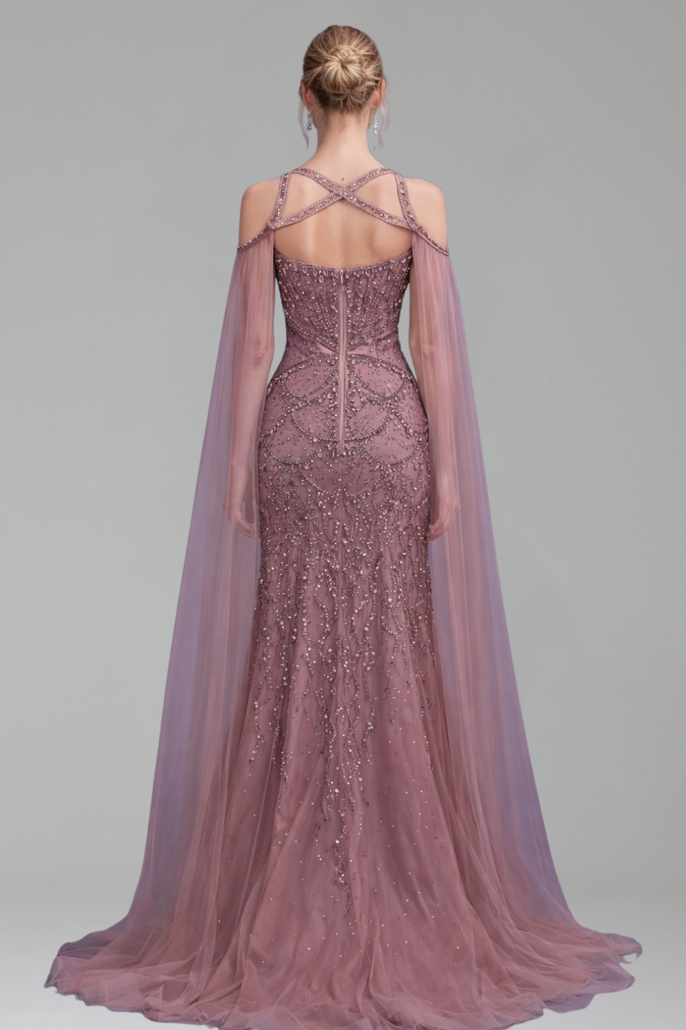 Beaded Crystal Cape Sleeves Gown - LAROSABRIDE