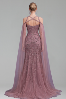 Beaded Crystal Cape Sleeves Gown - LAROSABRIDE