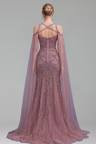 Beaded Crystal Cape Sleeves Gown - LAROSABRIDE