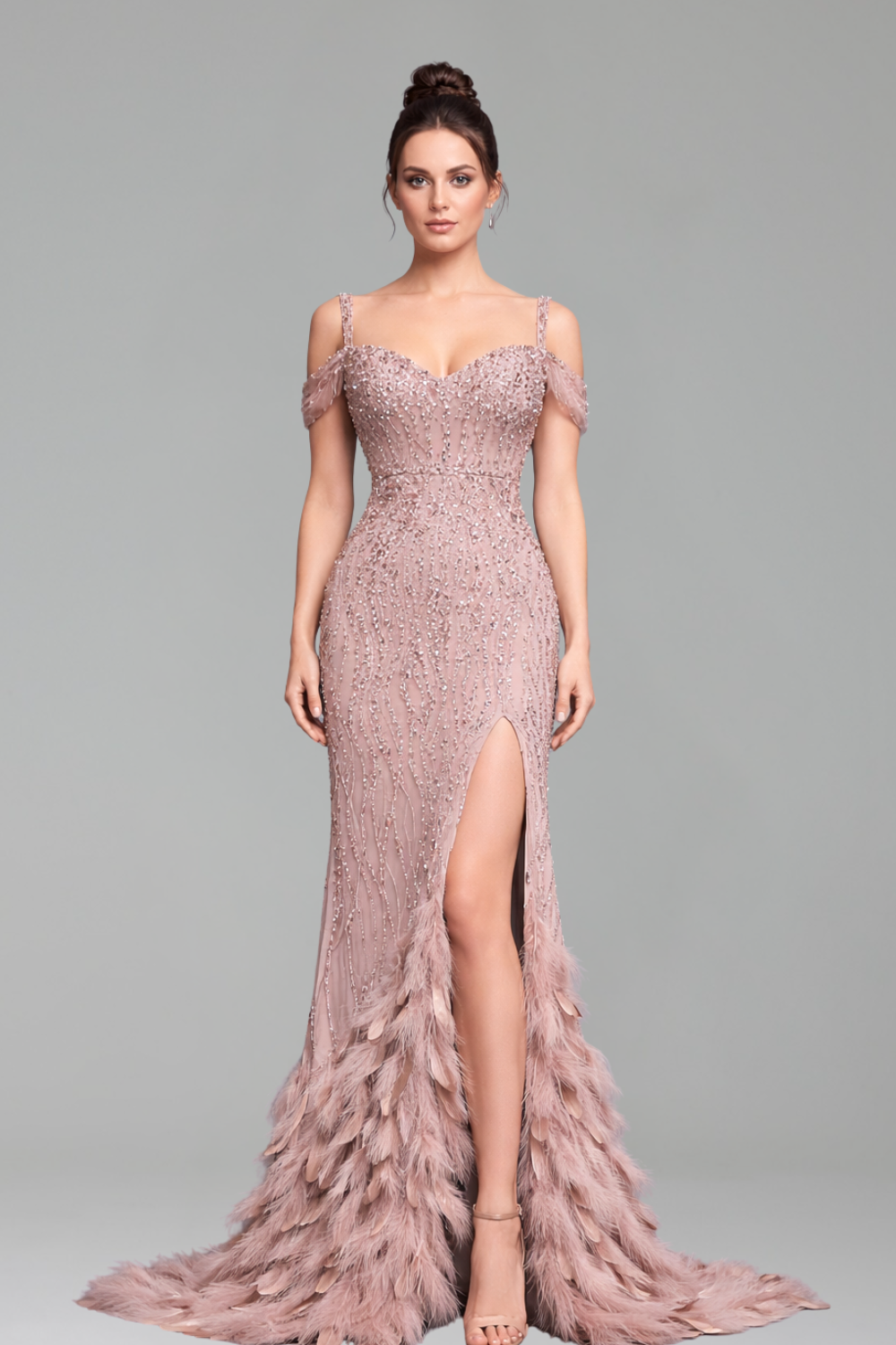 Feather Beaded Split Mermaid Gown - LAROSABRIDE