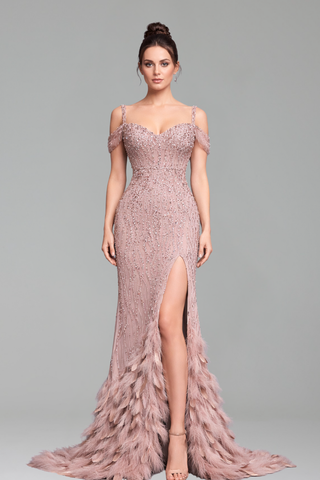Feather Beaded Split Mermaid Gown