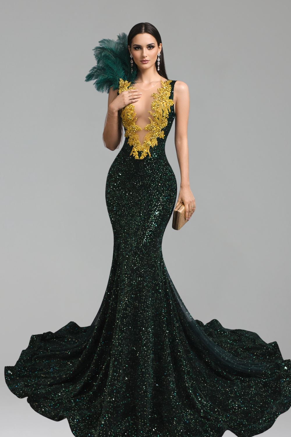 Feather Shoulder Illusion Sequin Mermaid Gown - LAROSABRIDE