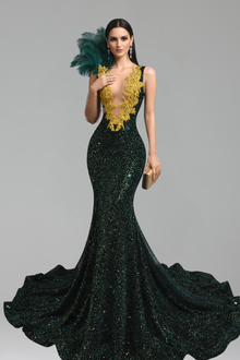 Feather Shoulder Illusion Sequin Mermaid Gown - LAROSABRIDE