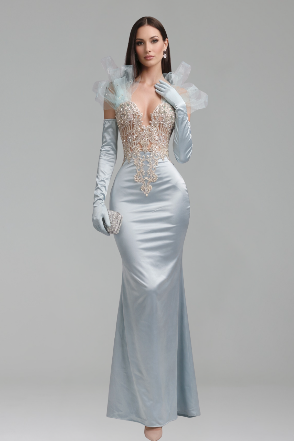 Embellished Illusion Gloves Evening Gown - LAROSABRIDE