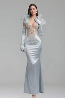 Embellished Illusion Gloves Evening Gown - LAROSABRIDE