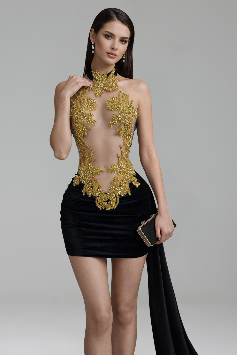 Gold Appliqu� Illusion Mini Dress - LAROSABRIDE