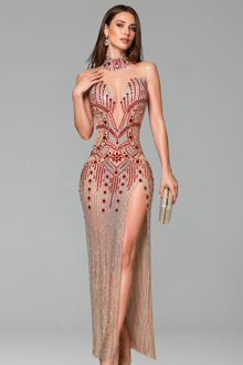 Crystal Fringe High Neck Slit Gown - LAROSABRIDE