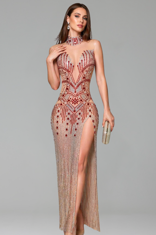 Crystal Fringe High Neck Slit Gown - LAROSABRIDE