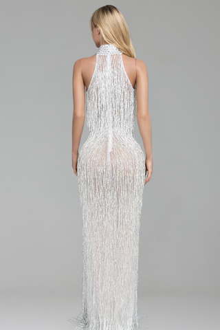 Silver Fringe Halter Gown