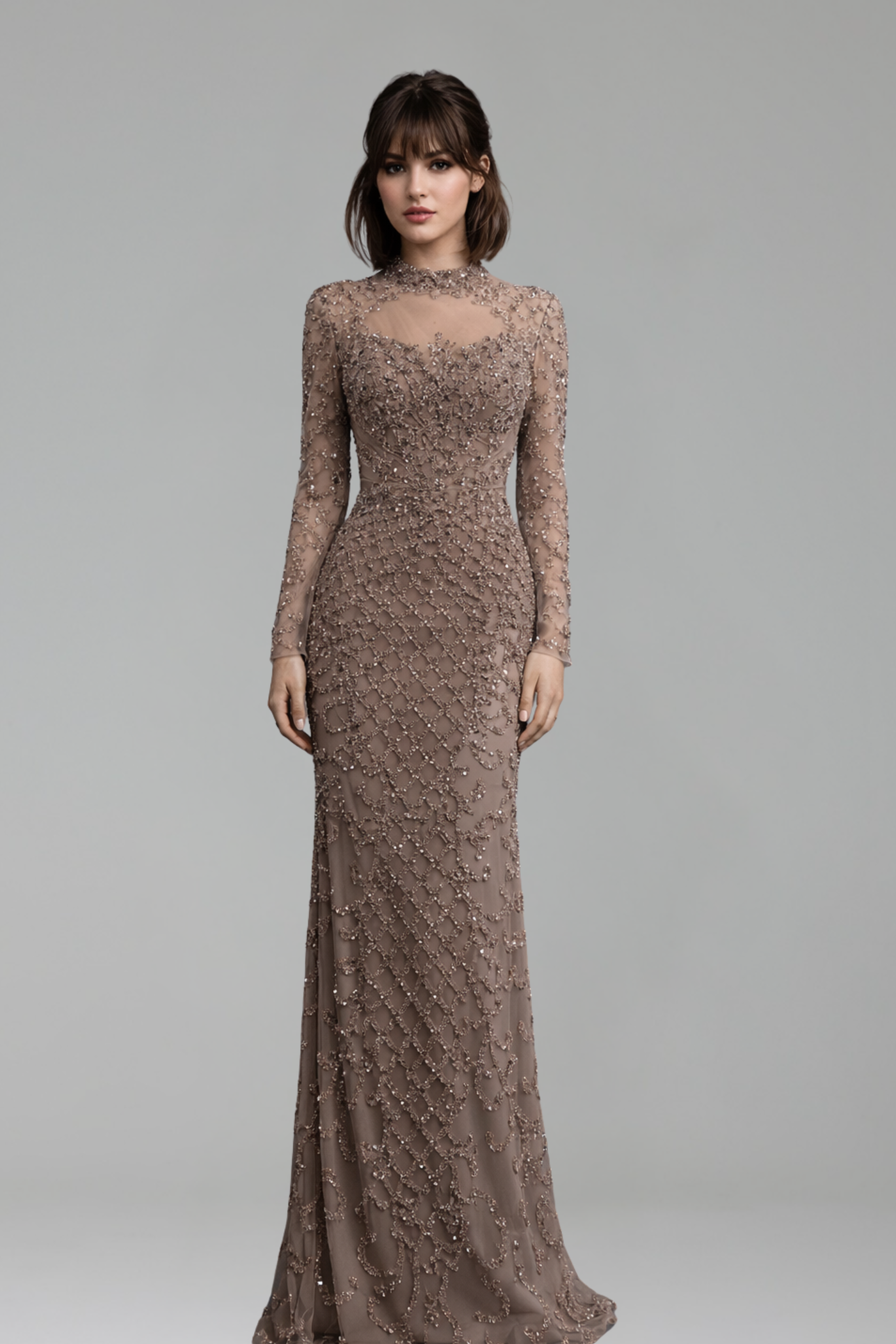 Caramel Beaded Mermaid Gown with High Neck - LAROSABRIDE