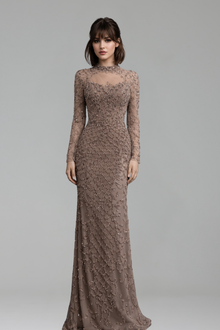 Caramel Beaded Mermaid Gown with High Neck - LAROSABRIDE