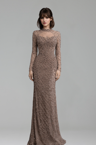 Caramel Beaded Mermaid Gown with High Neck